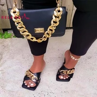 2022 new fashion side cross diagonal gold chain open toe flat bottom casual womens sandals metal buckle leather summer slides