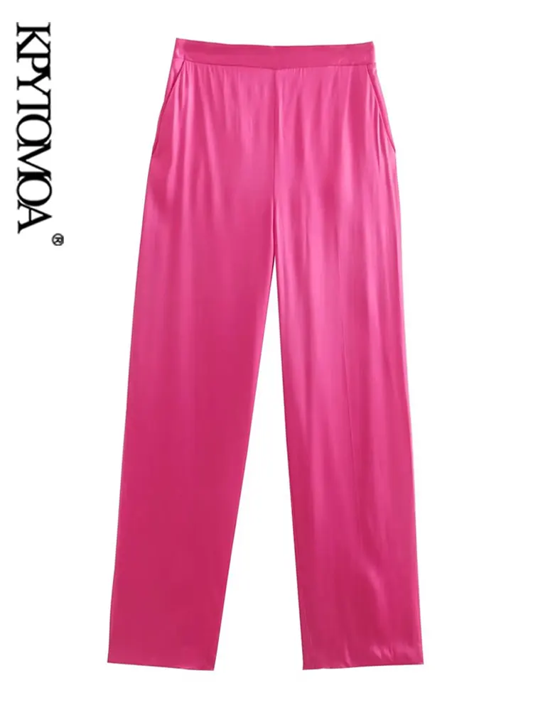 

KPYTOMOA Women Fashion Front Pockets Wide Leg Satin Pants Vintage High Waist Back With Elastic Waistband Female Trousers Mujer