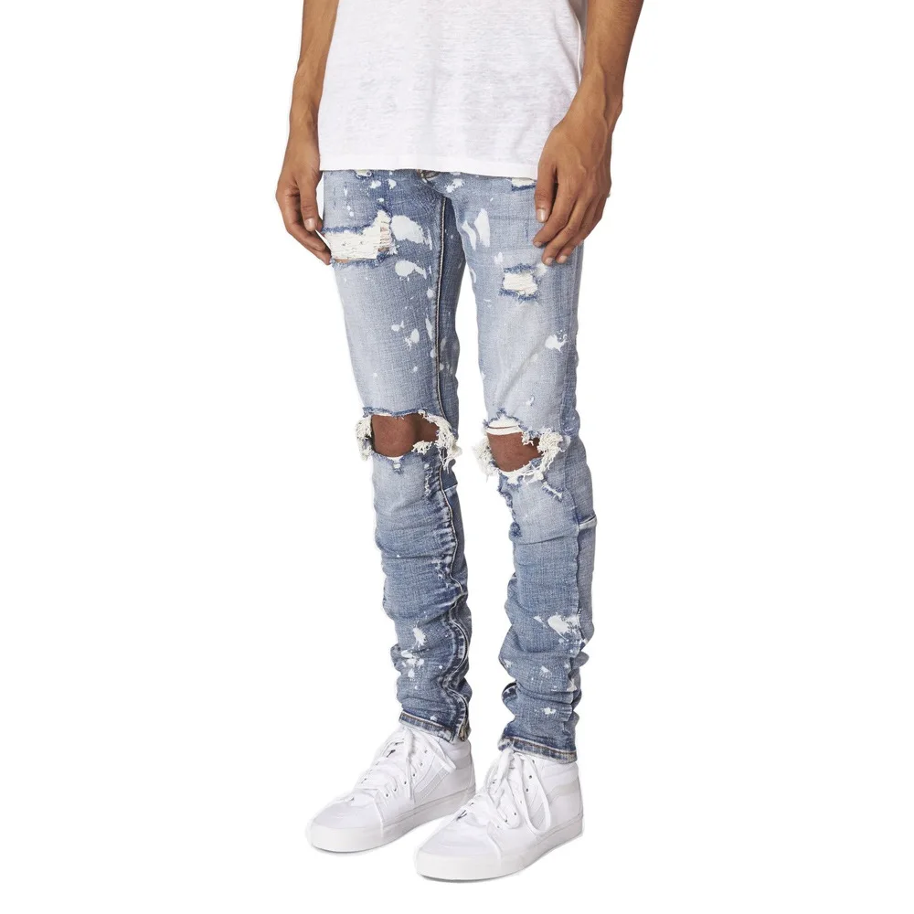

Men's Ripped Paint Distressed Button Fly Zipper Leg Hip Hop High Street Skinny Denim Jeans denim black jeans low rise amiri traf