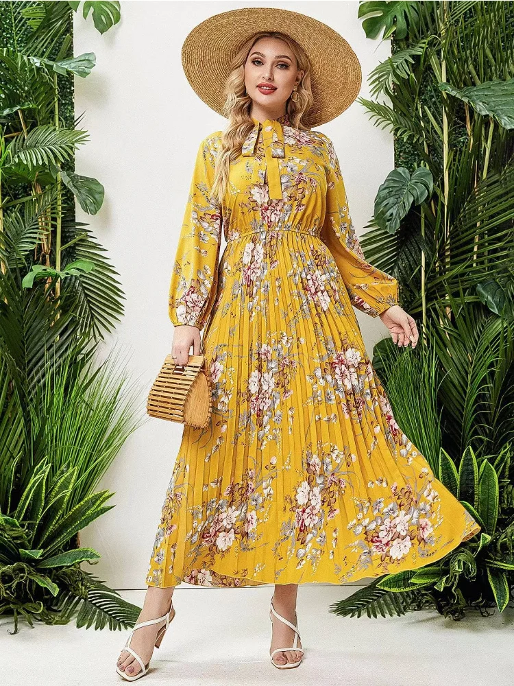 Long skirt pullover elastic waist chiffon printing fashion pleated dress plus size female plus size women clothing