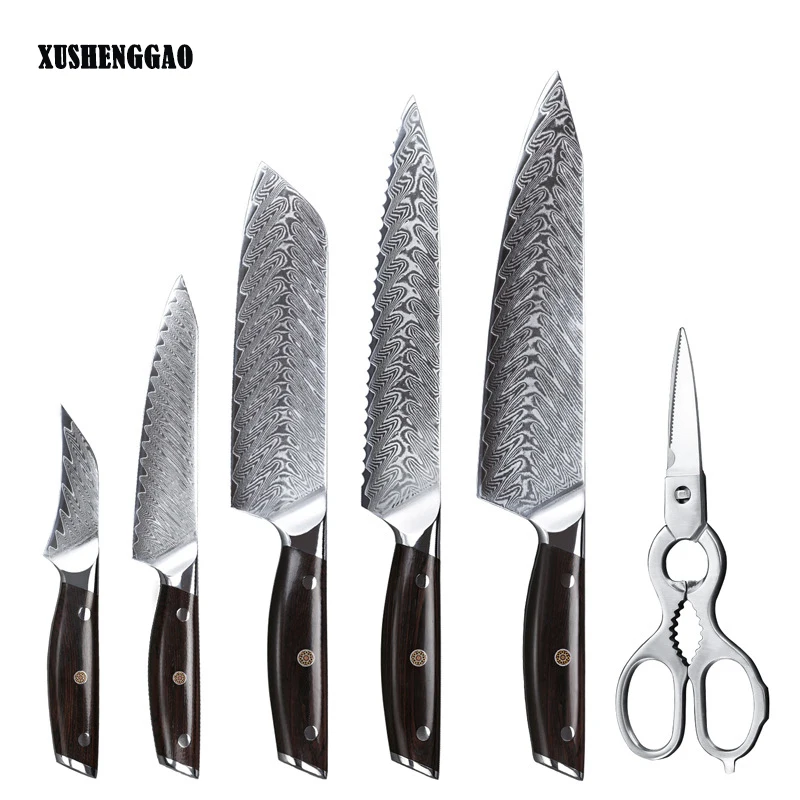 

6PCS Kitchen Knives Set 67 Layers Damascus VG10 Steel Chef Cleaver Santoku Gyutou Slicing Utility Bread Scissors Paring Knife