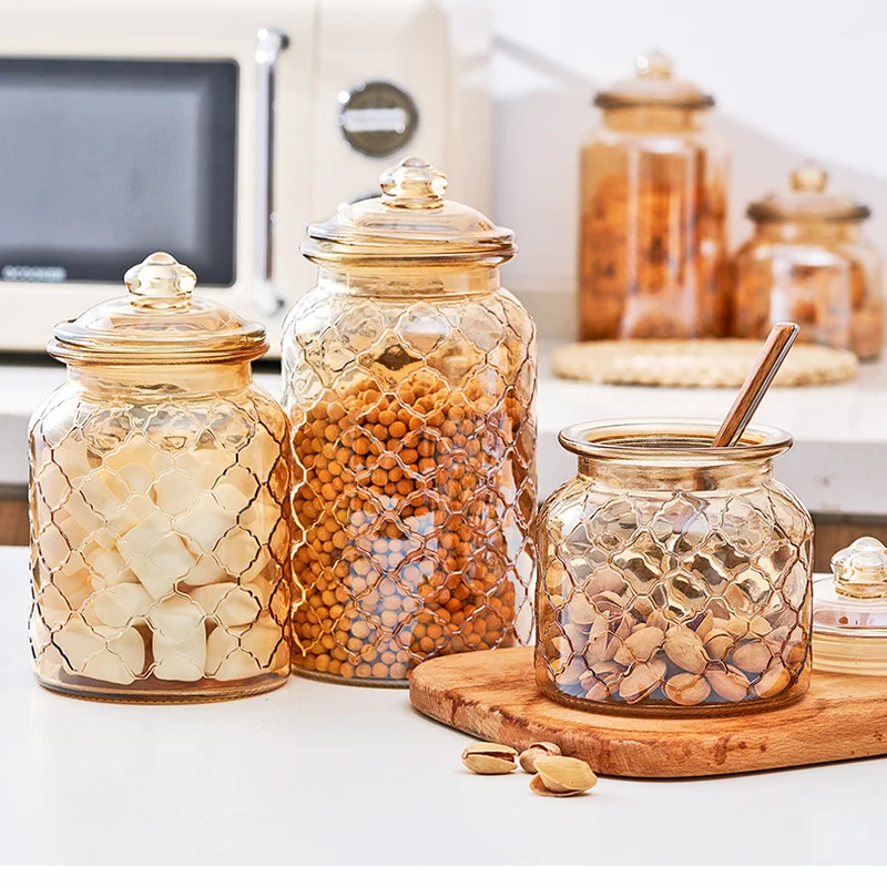 

Creative Amber Plaid Striped Glass Jar Sealed Tea Candy Jar Kitchen Food Storage Container Clear Glass Bottle Box Home Decor