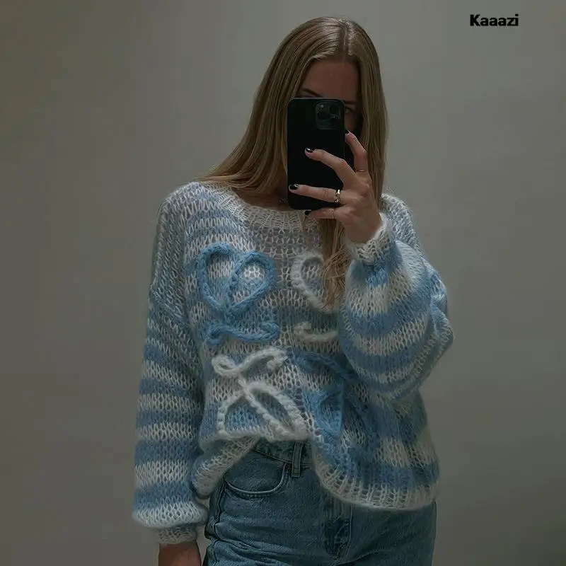 

KAAAZI Stripe Knitting Sweater Mesh Sweet Style O-neck Pullover Women Autumn Fashion Basics Long Sleeve Female Casual Clothes