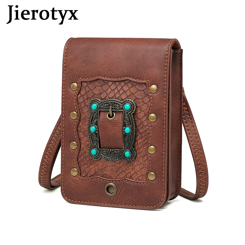 JIEROTYX Leather Messenger Bag for Women Crossbody Purse Vintage Phone Bags Outdoor Steampunk Small Mini Travel Bag Female