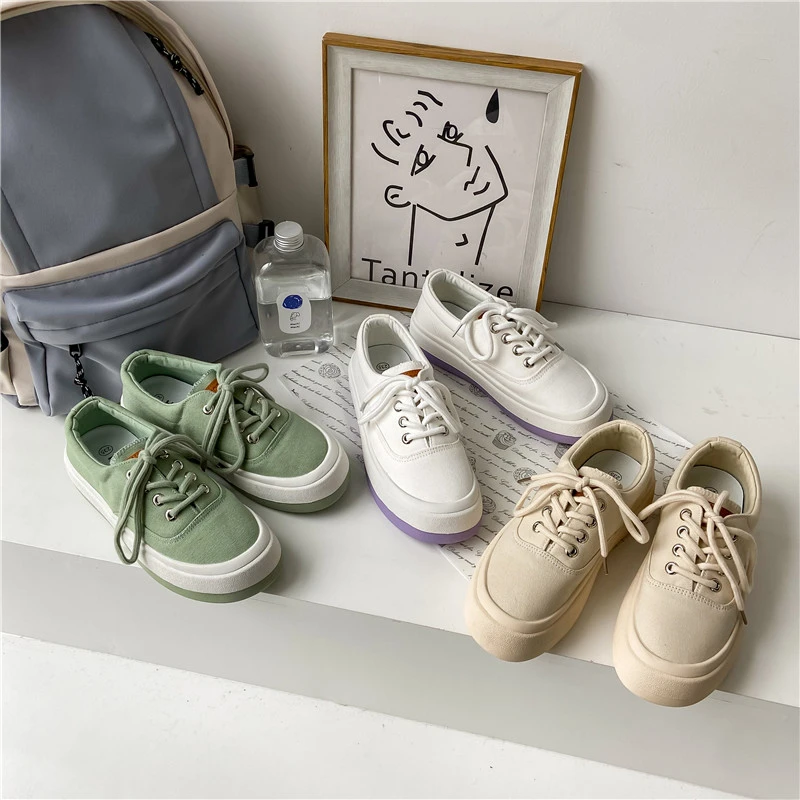 

Women's Sneakers Korean Style Ulzzang Fashion Canvas Rubber Sole Low Top Travel Gym Sports Shoes Ladies White Apricot Lace-ups