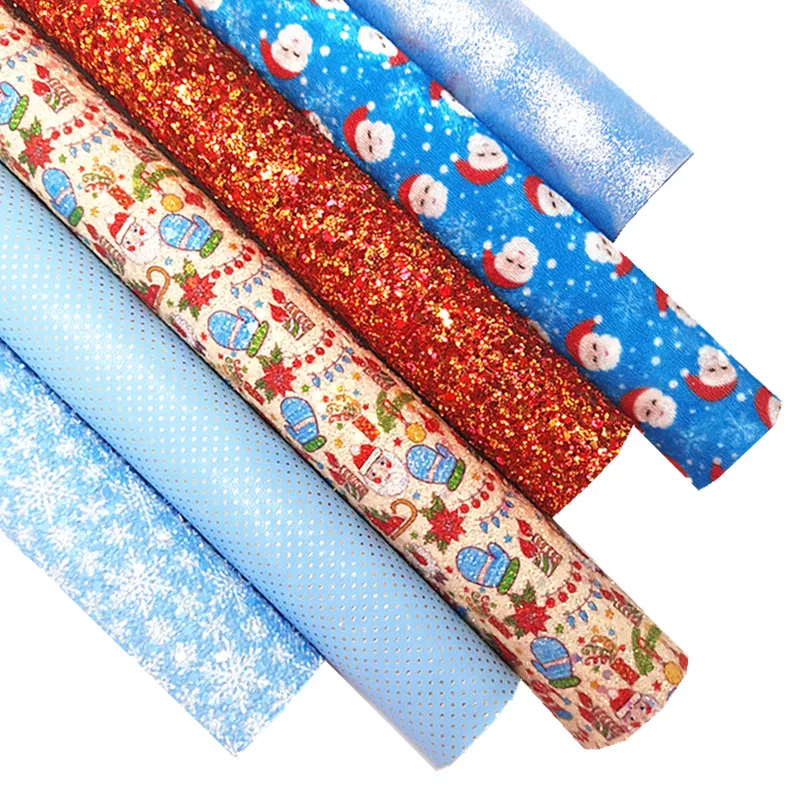 Red Glitter Leather Sheets Snowflakes Printed Glitter Fabric Metallic Faux Leather Santa Velvet for DIY Craft 8.2