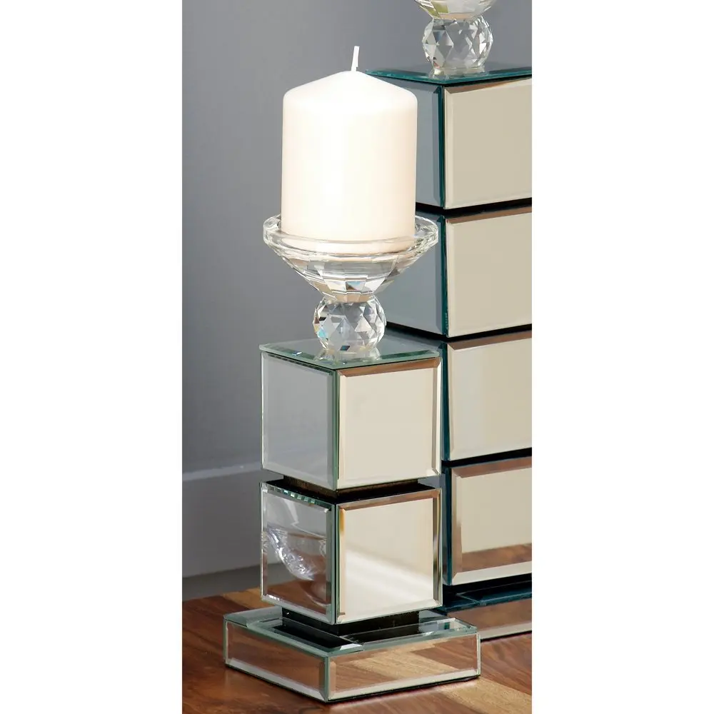 

Silver Glass Pillar Candle Holder with Mirrored Sides