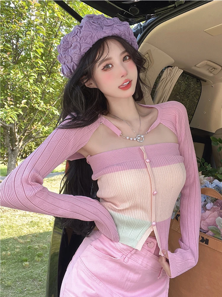 

Chic Pearl Chain Long Sleeve T-shirts Women Sweet Knitted Cardigan Harajuku Sexy Contrast Color Strapless Crop Tops Females Coat
