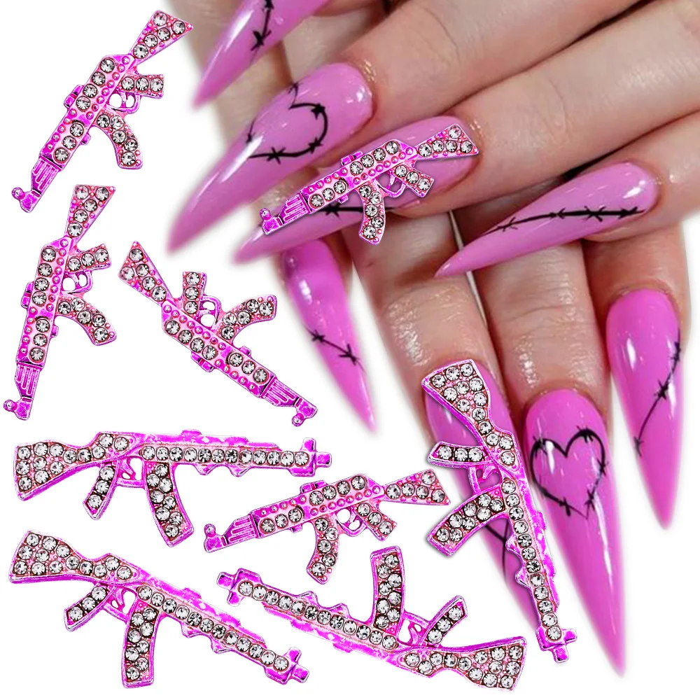 10PCS Gold Silver Metail Firearms Nail Charms Accessories Manicure Decor Nails Rifle Pistol Submachine Gun Design Decorations