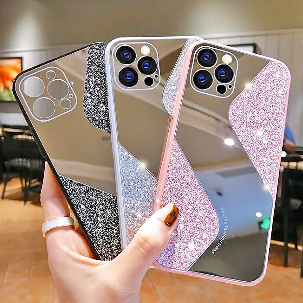 

Luxury Glitter Wavy Makeup Mirror Bling Phone Case For iPhone14 13 12 11 Pro Max X XR XS SE2 7 8 Plus Soft Protection Back Cover