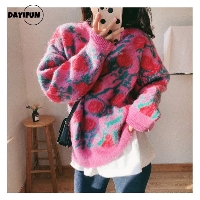 

DAYIFUN Contrast Color Rose Jacquard Knit Sweaters Retro Loose Long-sleeved Pullover Sweater Fashion Romantic Female Knitwear