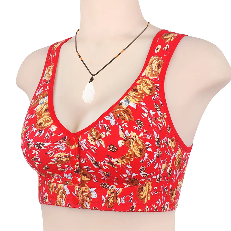 

Women Printed Front Button Bra Classic Retro Features Big Chest Cotton Bras Colorful Floral No Steel Ring Underwear Women Vest