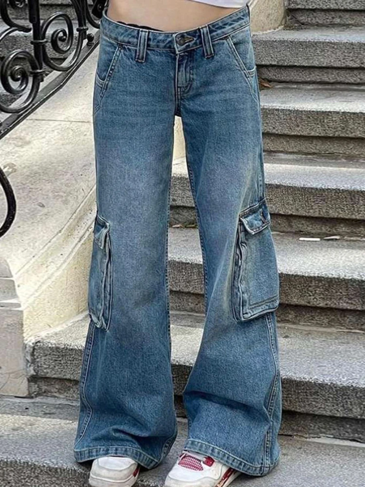 

WeiYao Pockets Patchwork Low Waist Jeans Women Y2K Streetwear Straight Jean 2022 Femme Blue Cargo Pants Basic Baggy Trousers