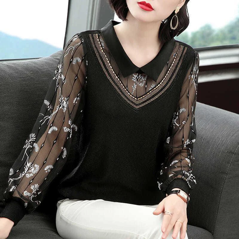 

Women Spring Style Mesh Lace Blouses Shirts Lady Casual Long Sleeve Peter Pan Collar Patchwork Blusas Tops Blusas De Mujer