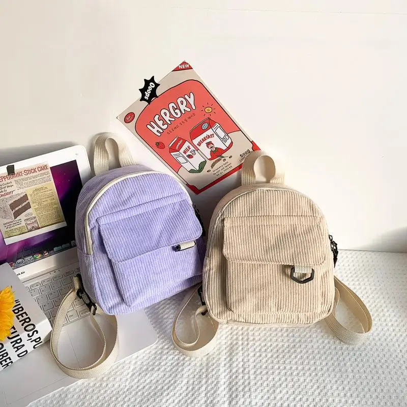 

Fashion Women Mini Backpack Solid Color Corduroy Small Backpacks Simple Casual Student Bookbags Traveling Backpacks