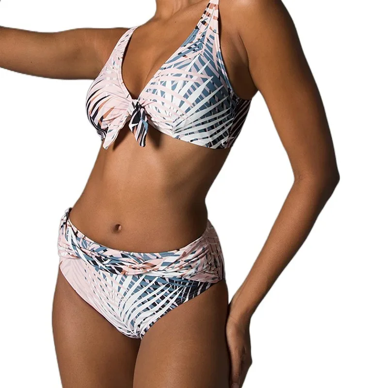 

2023 New Leaf Printing Bikini Set Two-piece Swimsuit Women Suspender V-neck Beach Bathing Suit High Waist Swimwear YL2023023