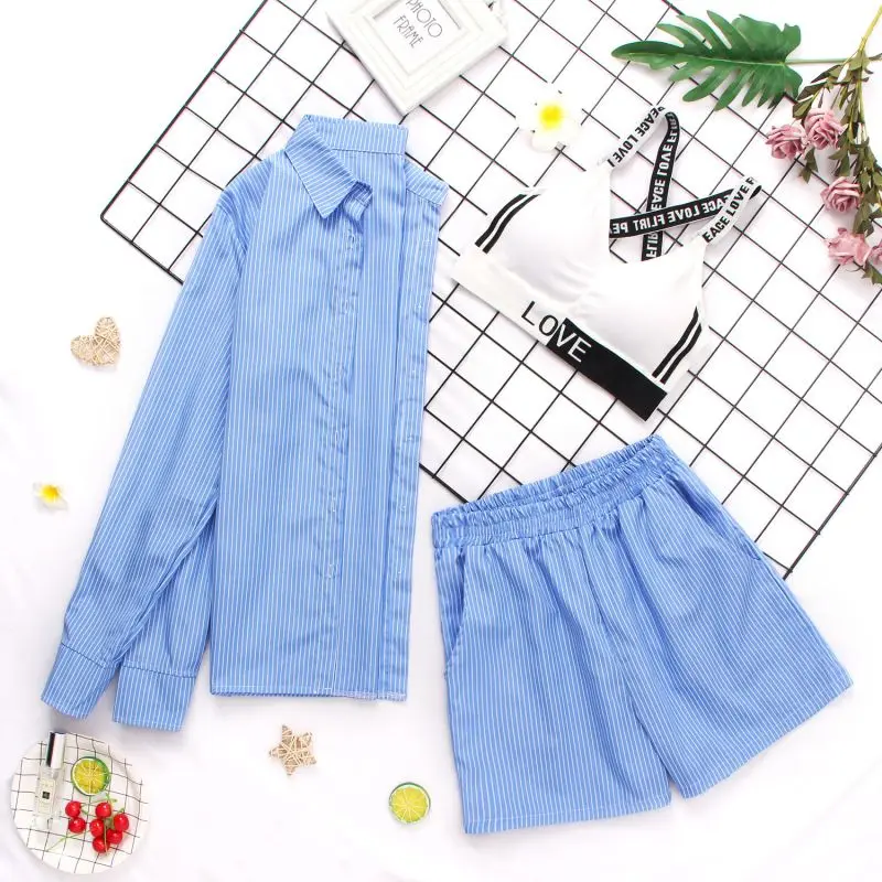 

Sleepwear for Women Home Clothes Stripe Long Sleeve Shirt Tops And Loose High Waisted Shorts Two Piece Set Pajamas Loung Wear
