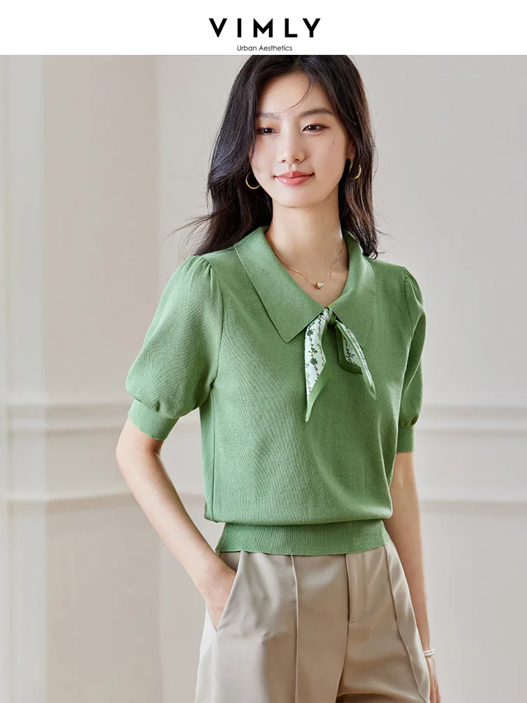 

Vimly Summer Green Lace-up Knitwear Tops for Women 2023 Fashion Puff Sleeve Turn Down Collar Casual Female Basic Tops 71632