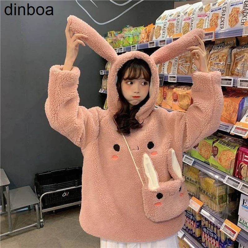 

Dinboa-2022 Winter Hoodie Women Kawaii Rabbit Bag Hooded Oversize Harajuku Autumn Winter Warm Cute Lamb Wool Sweatshirts Korean