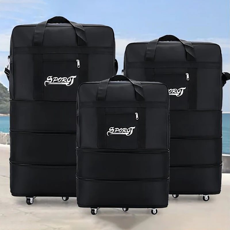 

Rolling Luggage Multilayer Expanded Travel Wheeled Oxford Suitcase Black Men Women Foldable Weekend