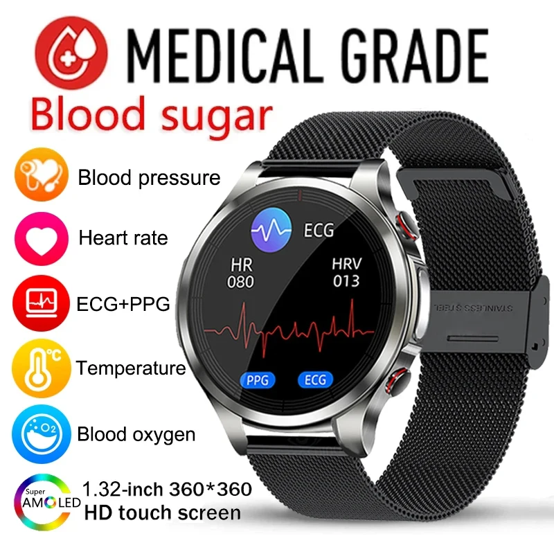 2023 New Noninvasive Blood Sugar ECG+PPG Health Smart Watch Men Heart Rate Blood Pressure Sport Watch IP68 Waterproof Smartwatch