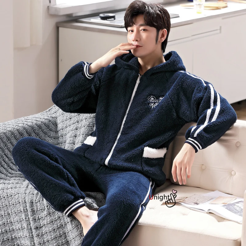 Oversize M-5XL Winter Man Stand-up Collar Pijamas Outwear Nightwear Plush Shaggy Christmas Pajamas Boy Fleece Warm Pijamas
