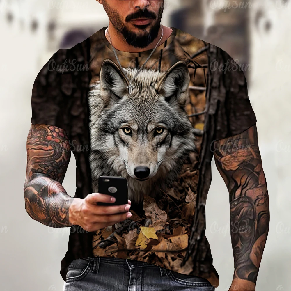 

Мужская футболка с рисунком яростное животное, летняя мужская одежда с коротким рукавом и 3D-принтом волка, винтажная дышащая Повседневная Уличная одежда оверсайз