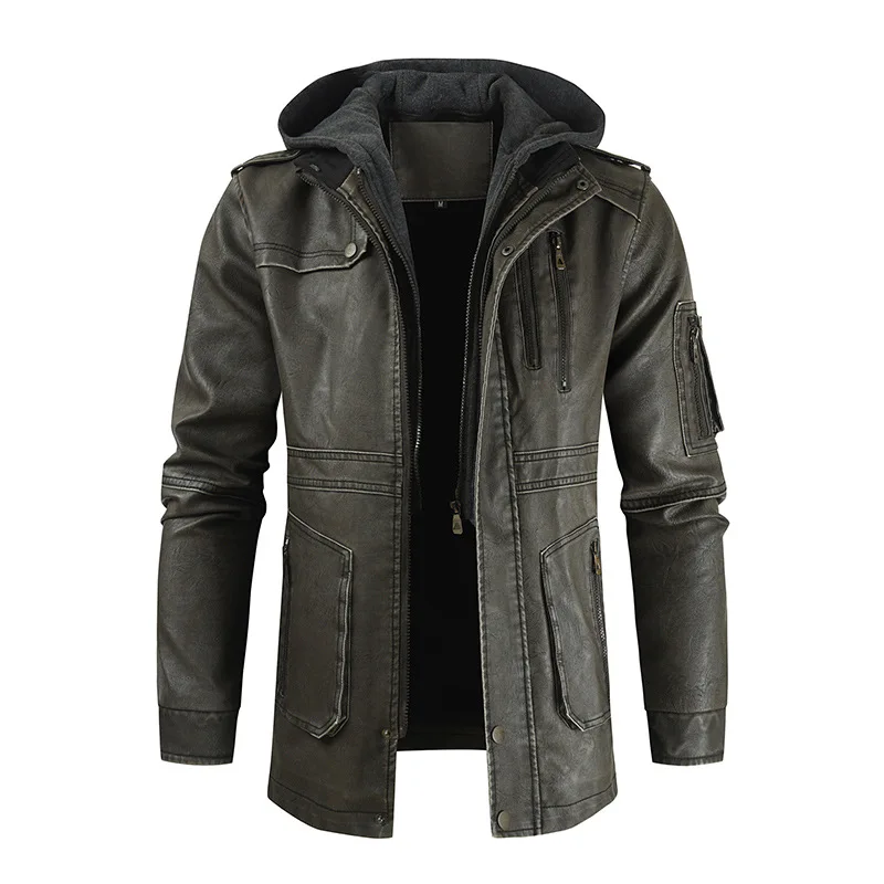 

Autumn and Winter 2022 New Large Men's Leather Jacket Fashion Casual Hooded Warm Jacket Thick Men Long Clothing Solid Color