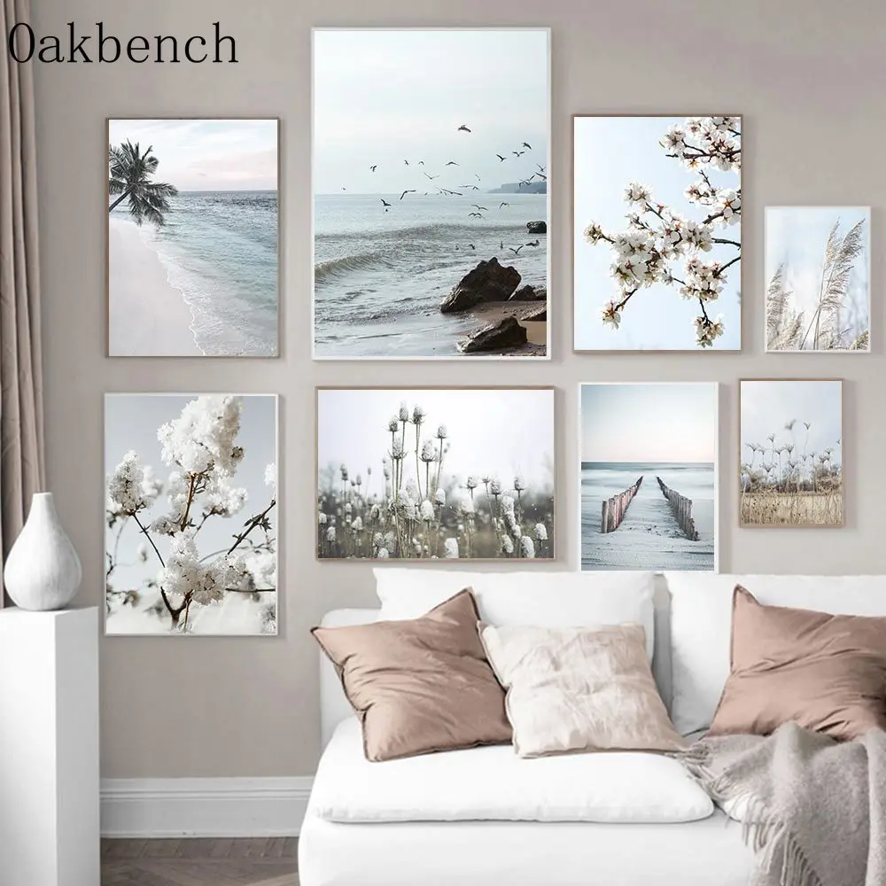 

White Flower Wall Posters Dandelion Canvas Painting Reed Wall Art Print Sea Poster Landscape Art Painting Living Room Decoration