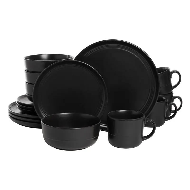 

Double Line 16 Piece Stoneware Dinnerware Set, Matte Black