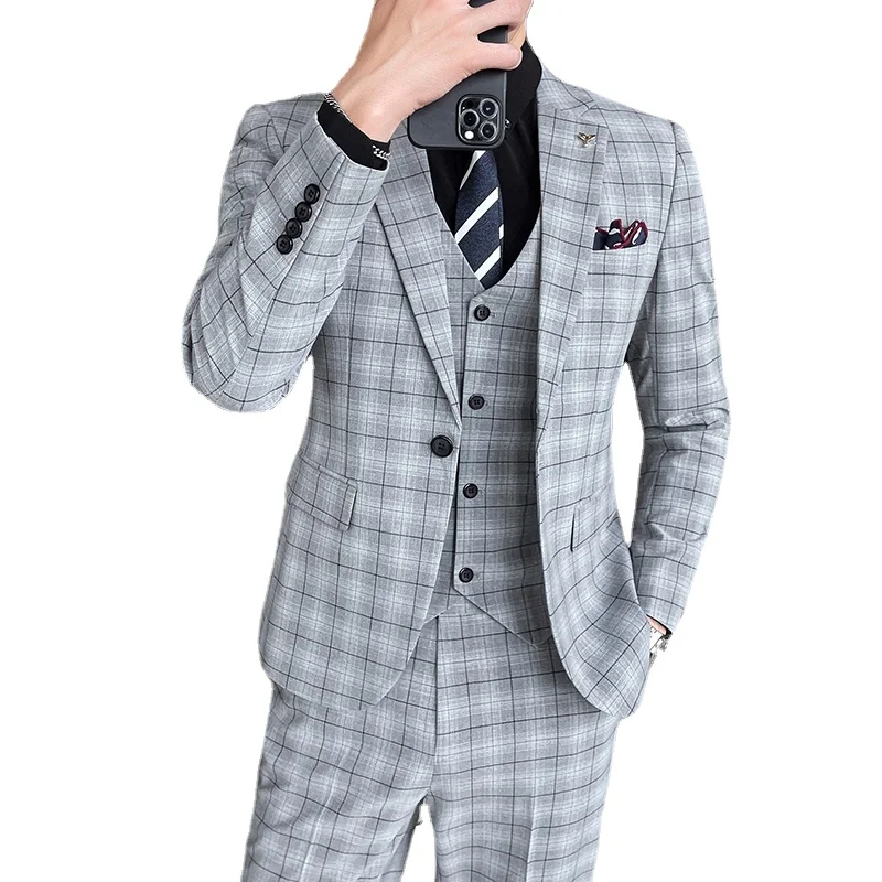 

2022 High Quality Jacket+vest+pants Autumn and Winter New Suit Suit Fashion Slim Casual Business Plaid Suit Men's M-4XL Dress
