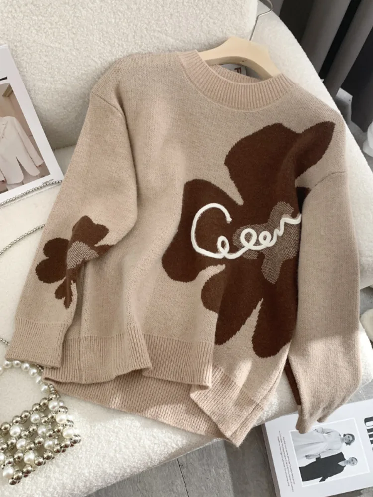 

Autumn Winter Loose Round Neck Printed Knitted Top Women Casual Pullovers Sweaters Floral Knitwear Female Pink Korean Jumpers