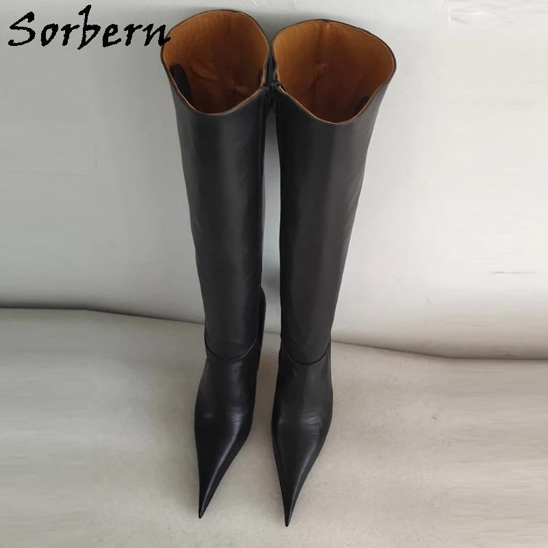 Sorbern Cow Leather Women Boots Knee High Pointed Toe 10Cm -12Cm High Heel Stilettos Real Leather Lining Soles Custom Legs