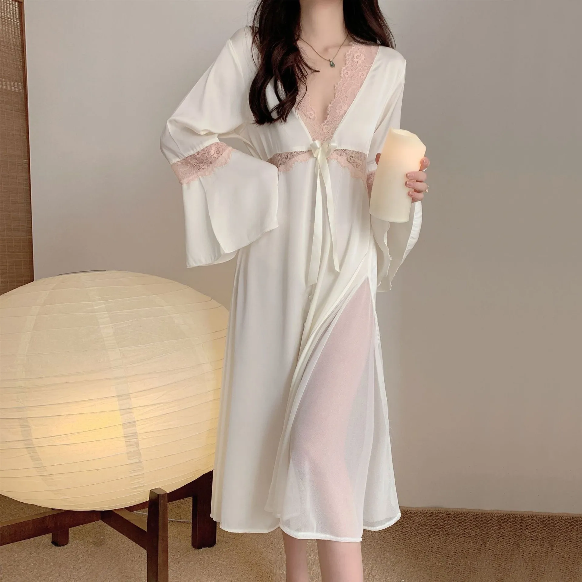 

White Nightgown Women V-neck Nightdress Elegant Palace Style Sleepwear Robe Gown Sexy Lace Hollow Out Nightwear Home Dress