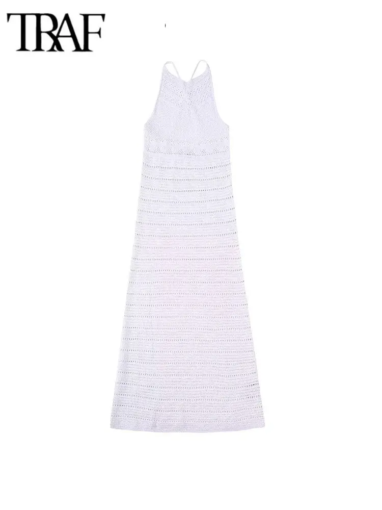 

TRAF 2023 Sexy Backless Bodycon Dress Women Halter Tie Dyed Pleated Dress Solid Color Summer Party Dress