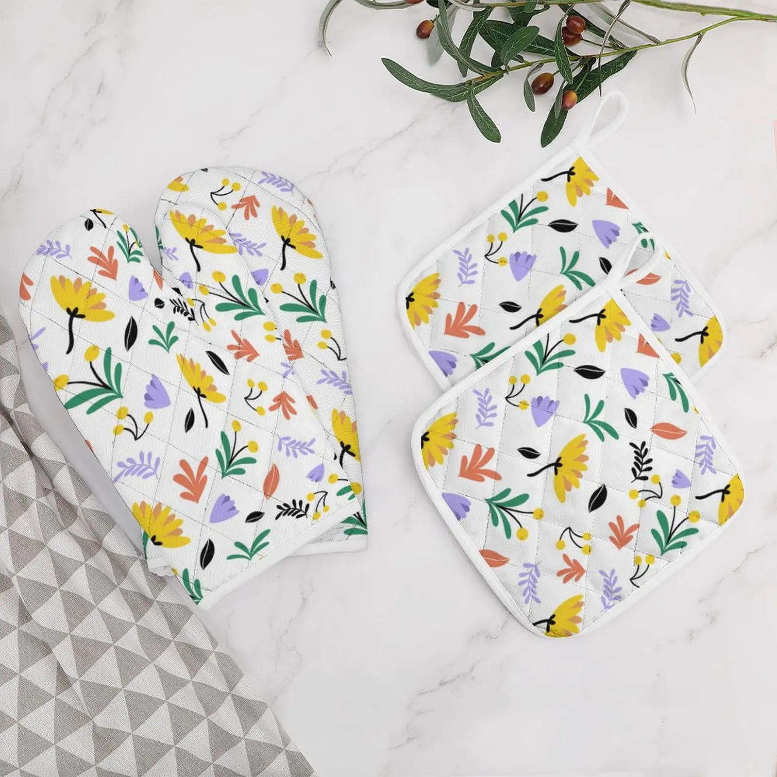 

Plant Flower Funny Oven Mitts and Pot Holders Sets of 4 Heat Resistant Non Slip Kitchen Gloves for Cooking BBQ