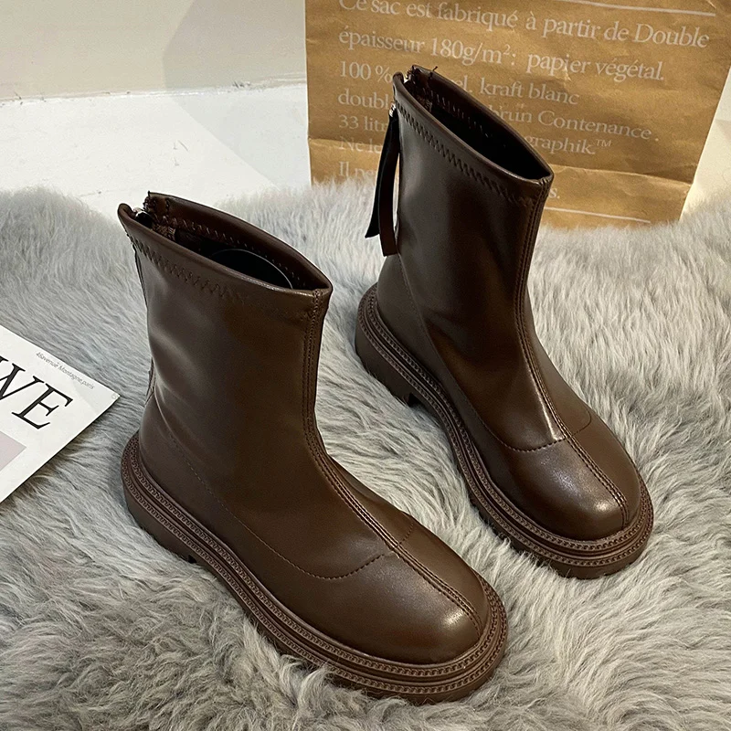 Simple Autumn Winter Women Ankle Boots Fashion Square Toe Back Zipper Ladies Keep Warm Short Boots Casual Square Low Heel Shoes