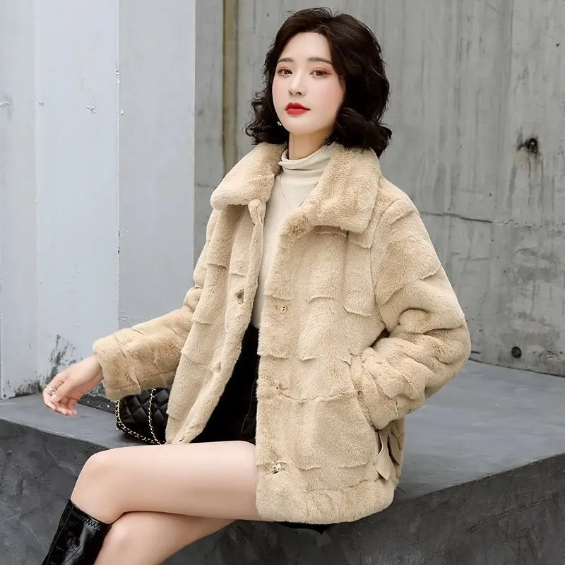Winter Female Thicken Warm Faux Fur Coat Women Casual clothes Mink Stand-up Collar Overcoat Fluffy Cozy Outerwear rabbit