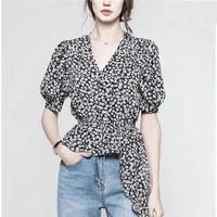 2021 summer french puff sleeve v neck small daisy floral dress female summer waist slim ruffle women blouses butterfly