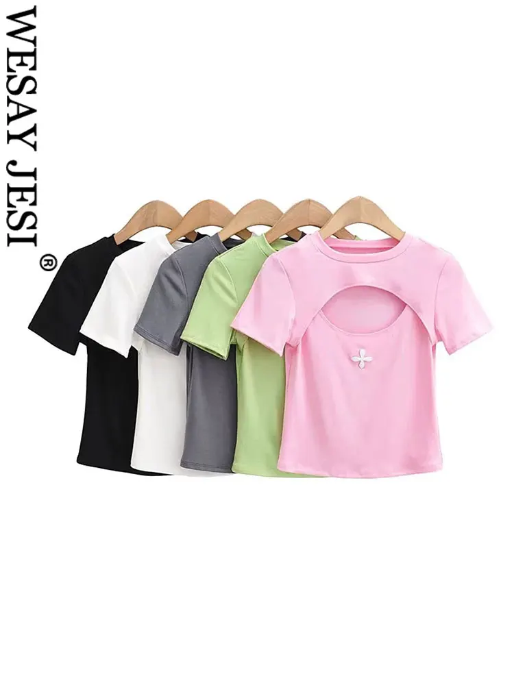 

WESAY JESI Women Summer Cute T-shirt Decals Knitted Solid Round Neck Short-sleeved Vest Slim Short Hollow Tank Top Sweet Wear