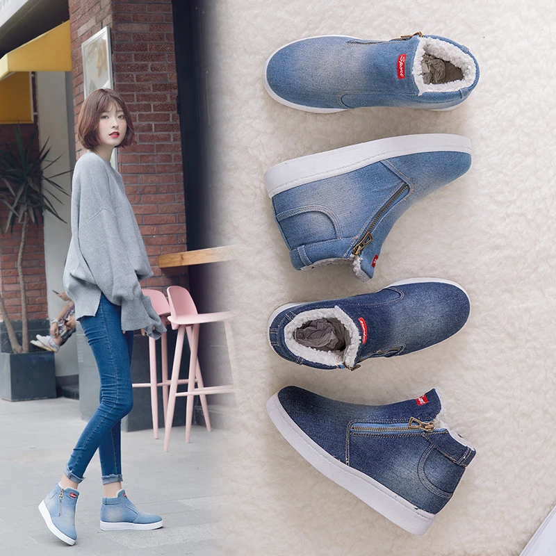 

Winter Shoes Women Denim Snow Boots Platform Warm Fleeces Classic High Top Round Toe Flat Casual Shoes Sneakers Zapatos De Mujer