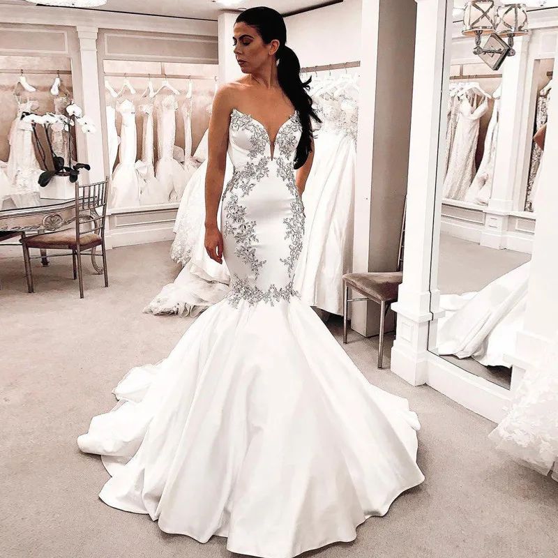 

KapokDressy Satin Sweetheart Mermaid Wedding Dress for Bridal Sleeveless Crystal vestidos de novia Beaded Trumpet Robe Mariee