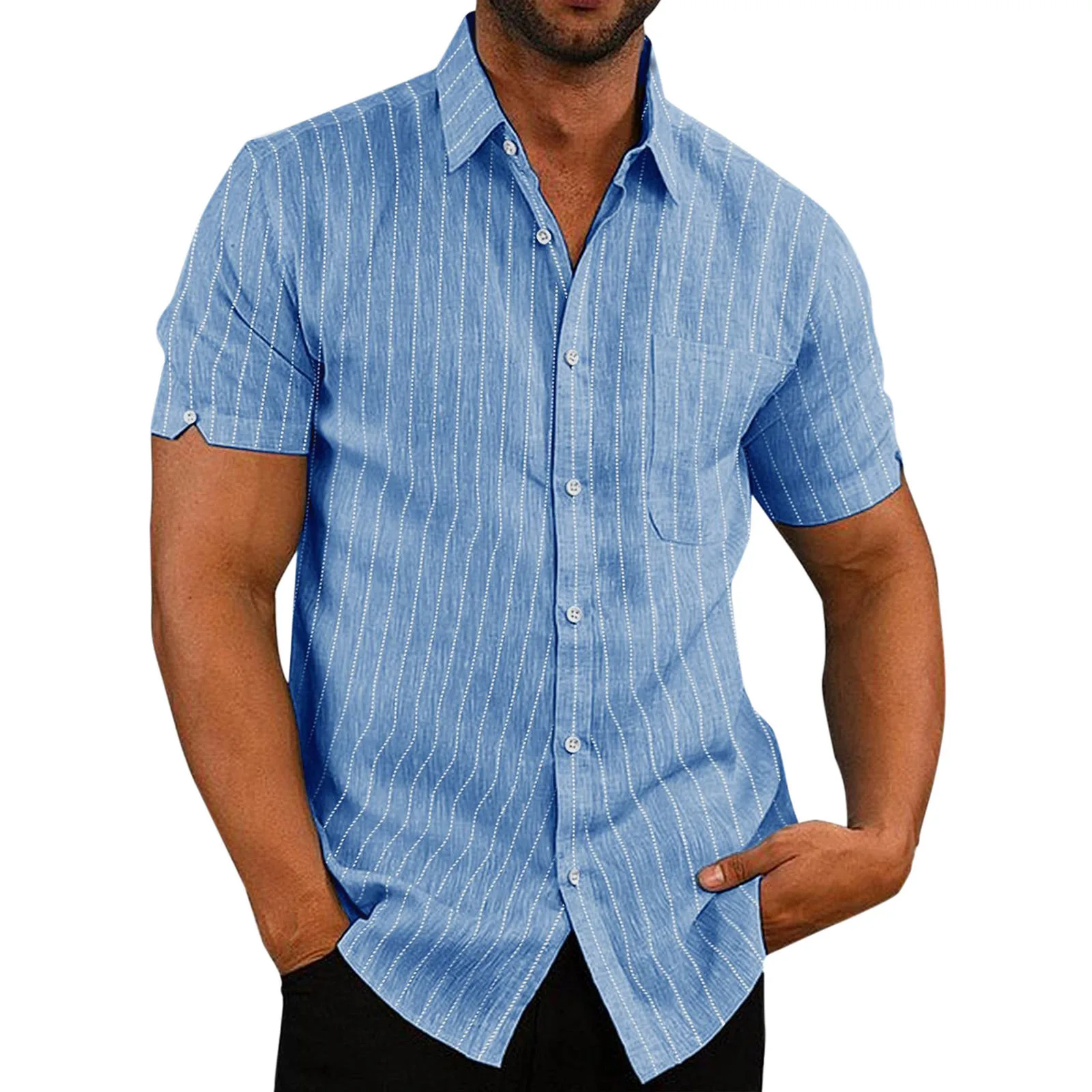 

Summer Mens Shirts Solid Color Lapel Buttons Short Sleeve Shirt for Men Clothing Casual Striped Linen Blends Shirt Top Camisas