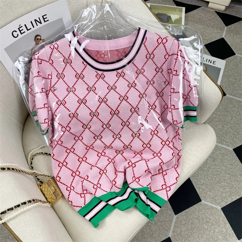 Womens Tops And Blouses Summer Short Sleeve Blouse Women Blusas Mujer De Moda 2022 Pink Green Knitted Blouse Shirt Tops