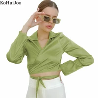 kohuijoo sexy blouse women elegant long sleeve short hollow out bandage satin temperament slim green woman top camisas mujer