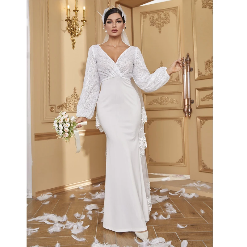 

Женское длинное вечернее платье макси, белое платье с длинным рукавом, глубоким V-образным вырезом и открытой спиной для свадьбы