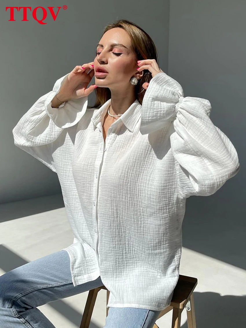 

Модные Хлопковые женские блузки TTQV, осень 2022, элегантные белые дамские рубашки с отворотом и длинным рукавом, повседневные свободные топы, женская одежда