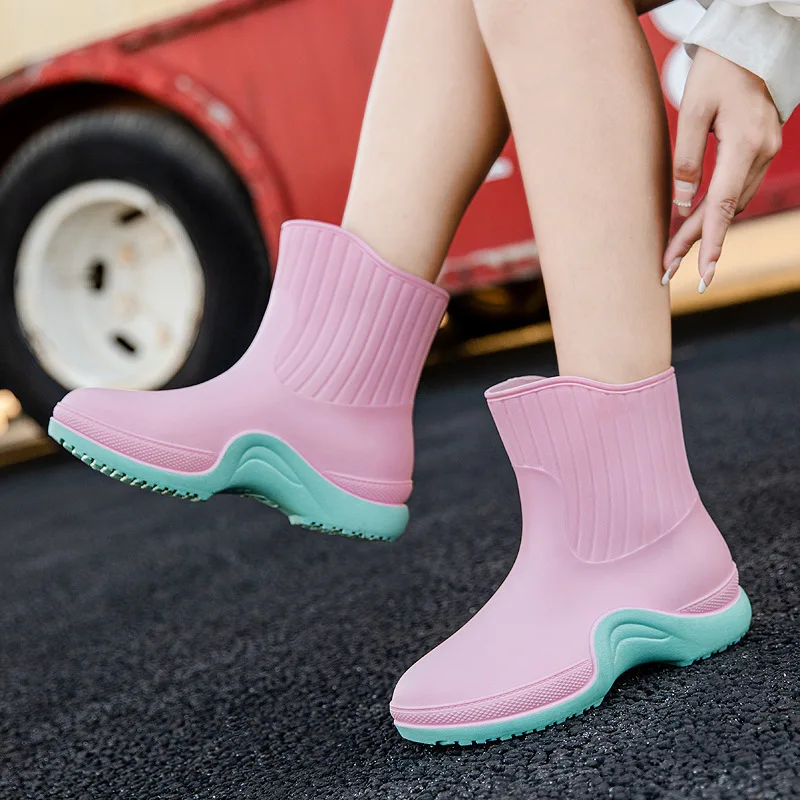 2023 Women's Rain Boots Ladies' Rubber Flat Shoes PVC Macaroon Mixed-color Waterproof Non-slip Outdoor Leisure Plus Size