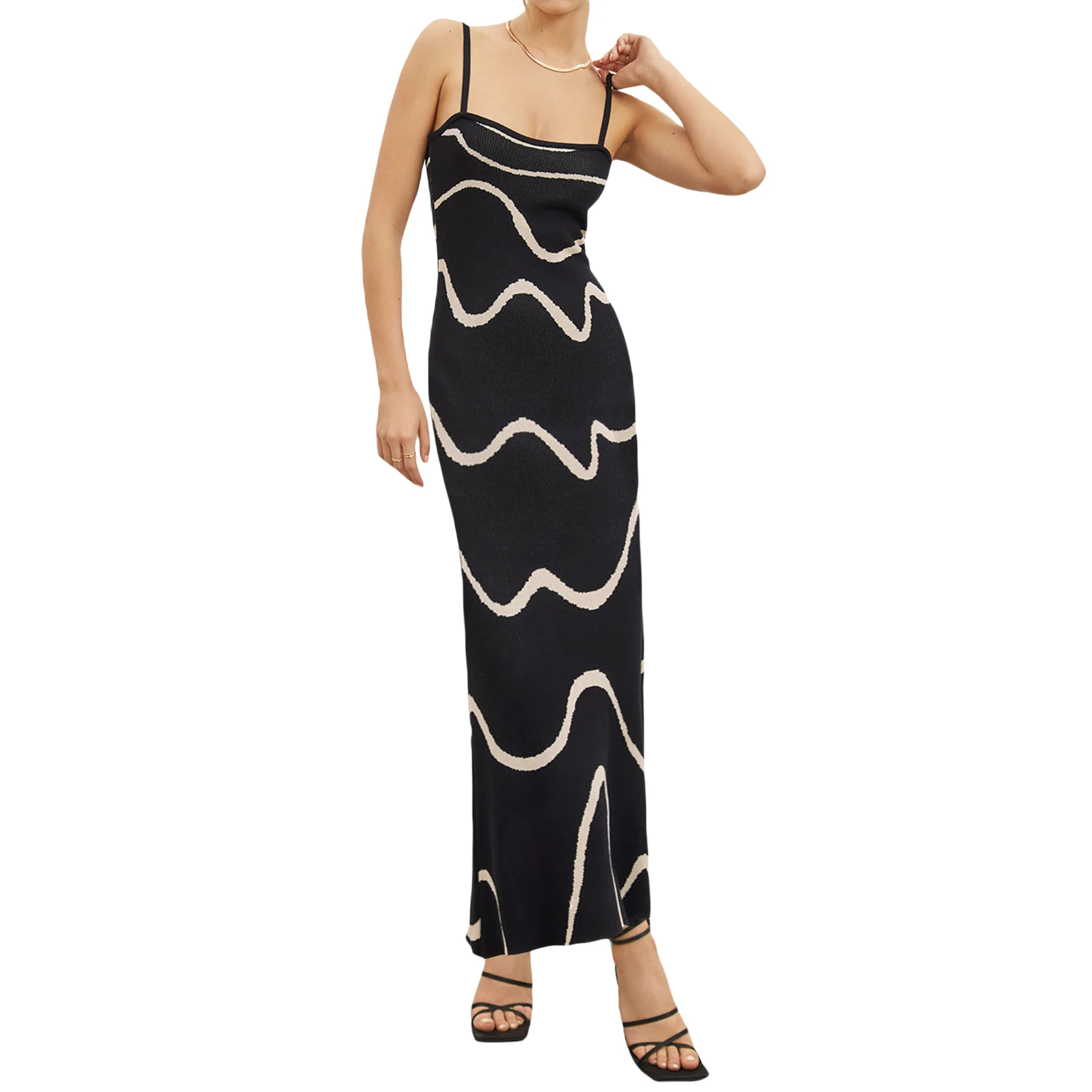 

Women's Summer Sling Knit Bodycon Long Dress Fashion Wavy Print Spaghetti Strap Backless Club Party Dress