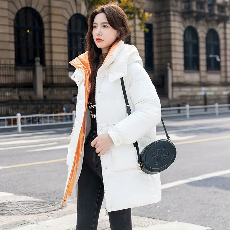 Winter Coats Women Loose Fit Mid-Long Hooded Thickened Warm Down Cotton Jacket Casual Pocket Ladies Parkas Buttons Zipper S69